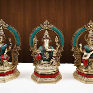 Brass Lakshmi Ganesha Saraswati Statues: Diwali Puja Temple Decor