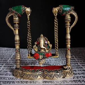 Brass Swinging Ganesha Statue With Stone Work ,20 Cm Big large Size Brass Ganesh Statue on Swing, Swinging Ganesh Figurine for Home Temple