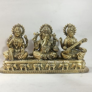 Brass Lakshmi Ganesha Saraswati Statues: Diwali Puja Temple Decor