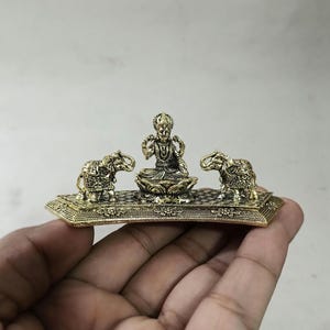 Brass Gaja Lakshmi Statue: Hindu Goddess Idol with Elephants