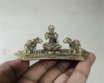 Gaja Lakshmi idol - 3.5 cm Brass gajaLaxmi statue on Louts with two elephant, Sitting Lakshmi, Hindu Goddess of prosperity wisdom Eight idol