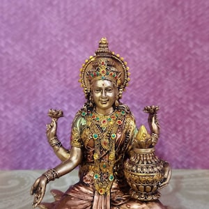 Lakshmi Statue | 7&quot; Goddess Laxmi Idol on Louts | Sitting Lakshmi sculpture | Dhan Laxmi Hindu Goddess Figurines pooja Home & Temple Decor
