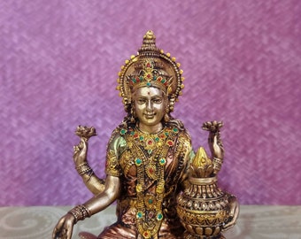 Lakshmi Statue | 7" Goddess Laxmi Idol on Louts | Sitting Lakshmi sculpture | Dhan Laxmi Hindu Goddess Figurines pooja Home & Temple Decor