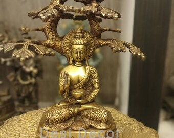 10&quot; Brass Buddha in Abhaya Mudra sitting under the Bodhi tree, God Idol, Gift, Temple, Decor, Home, Handmade, Meditation God, Peace God.