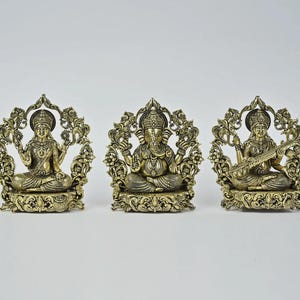 Brass Lakshmi Ganesha Saraswati Statues: Diwali Puja Temple Decor