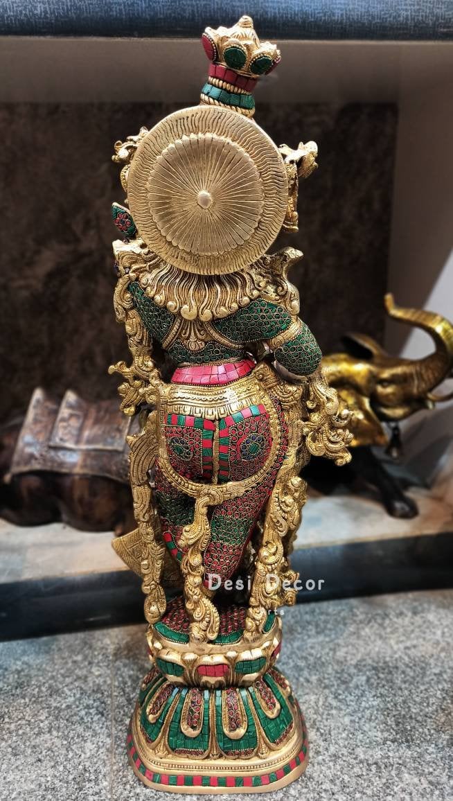 30インチ真鍮製ラーダー・クリシュナ像：ヒンドゥー教の神聖なカップル