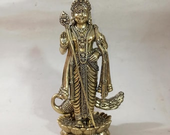 8 inch Brass Lord Murugan Swamy Statue, Standing kartikeya Idols, Kumaraswamy murti in Brass, Subramanya Shanmukha Murugan with Peacock