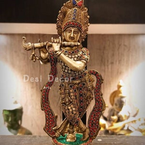 Brass Krishna Statue with Gemstone Work - Hindu God Home Altar Decor (35 CM)