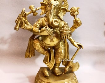 Brass Dancing Ganesha Statue: Hindu Elephant God Idol (25cm)