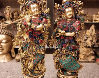 30インチ真鍮製ラーダー・クリシュナ像：ヒンドゥー教の神聖なカップル