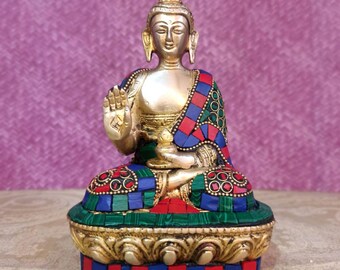Handmade Brass Buddha Statue with Gemstone Inlay (17cm)