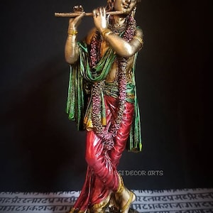 Krishna Statue: 10&quot; Metal Finish Lord Krishna Flute Idol