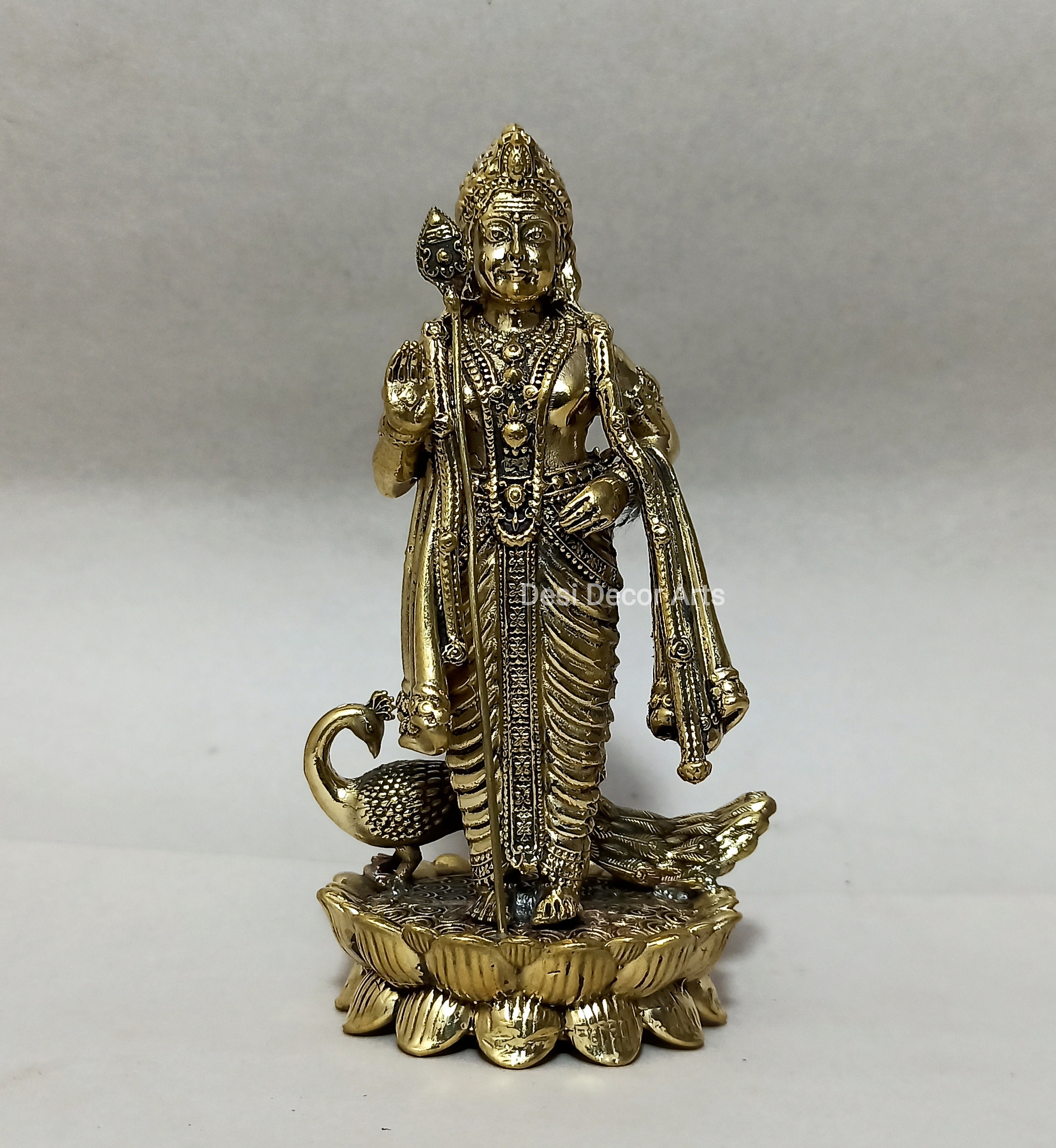 真鍮製のムルガン神像：孔雀を従えたカルティケヤ神像（4.5インチ