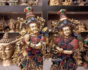 30インチ真鍮製ラーダー・クリシュナ像：ヒンドゥー教の神聖なカップル