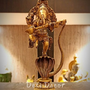 11&quot; Brass Dancing Ganesha on a Snake Head, Lord Ganesha, Elephant God, Handmade, Good Luck God, Vinayaka, gifts, idol, temple, home, decor