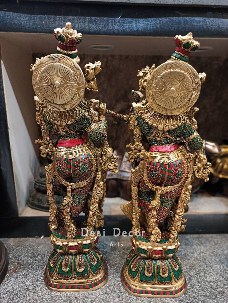 30インチ真鍮製ラーダー・クリシュナ像：ヒンドゥー教の神聖なカップル