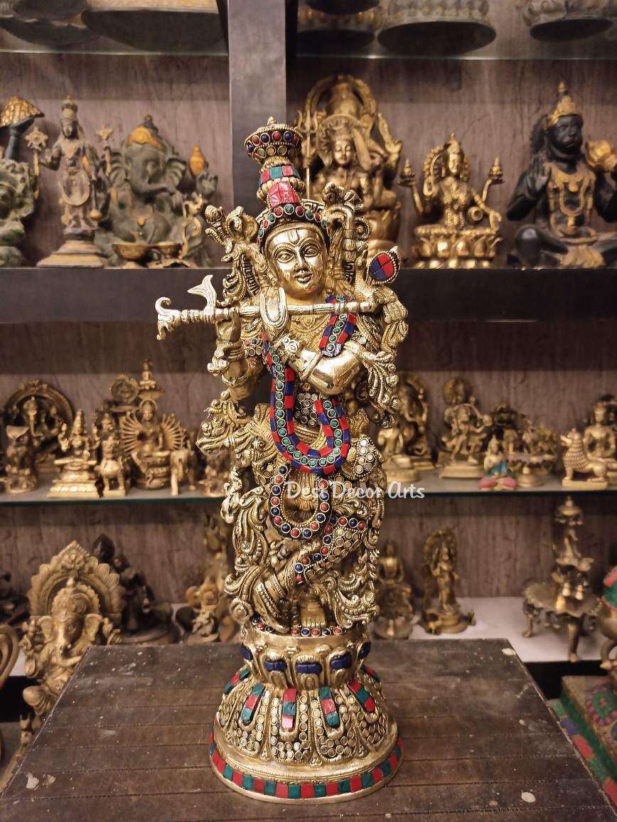 20インチ真鍮製ラーダー・クリシュナ像：ヒンドゥー教の神聖なカップル