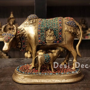 Inlay Stone Brass Kamdhenu Cow with Calf Statue: Holy Cow Figurine