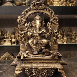 Large Brass Ganesha Statue: Stone Work Hindu God Sculpture, 11&quot;