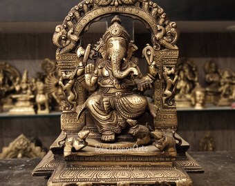 Large Brass Ganesha Statue: Stone Work Hindu God Sculpture, 11"