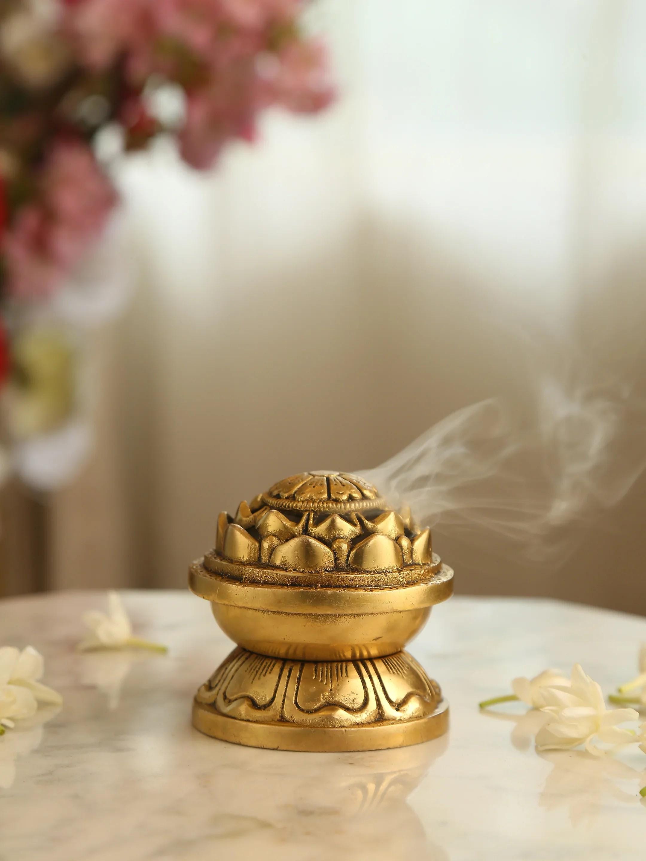 Engraved Brass Incense Holder: Lotus Dhoopdani, Home Temple Decor