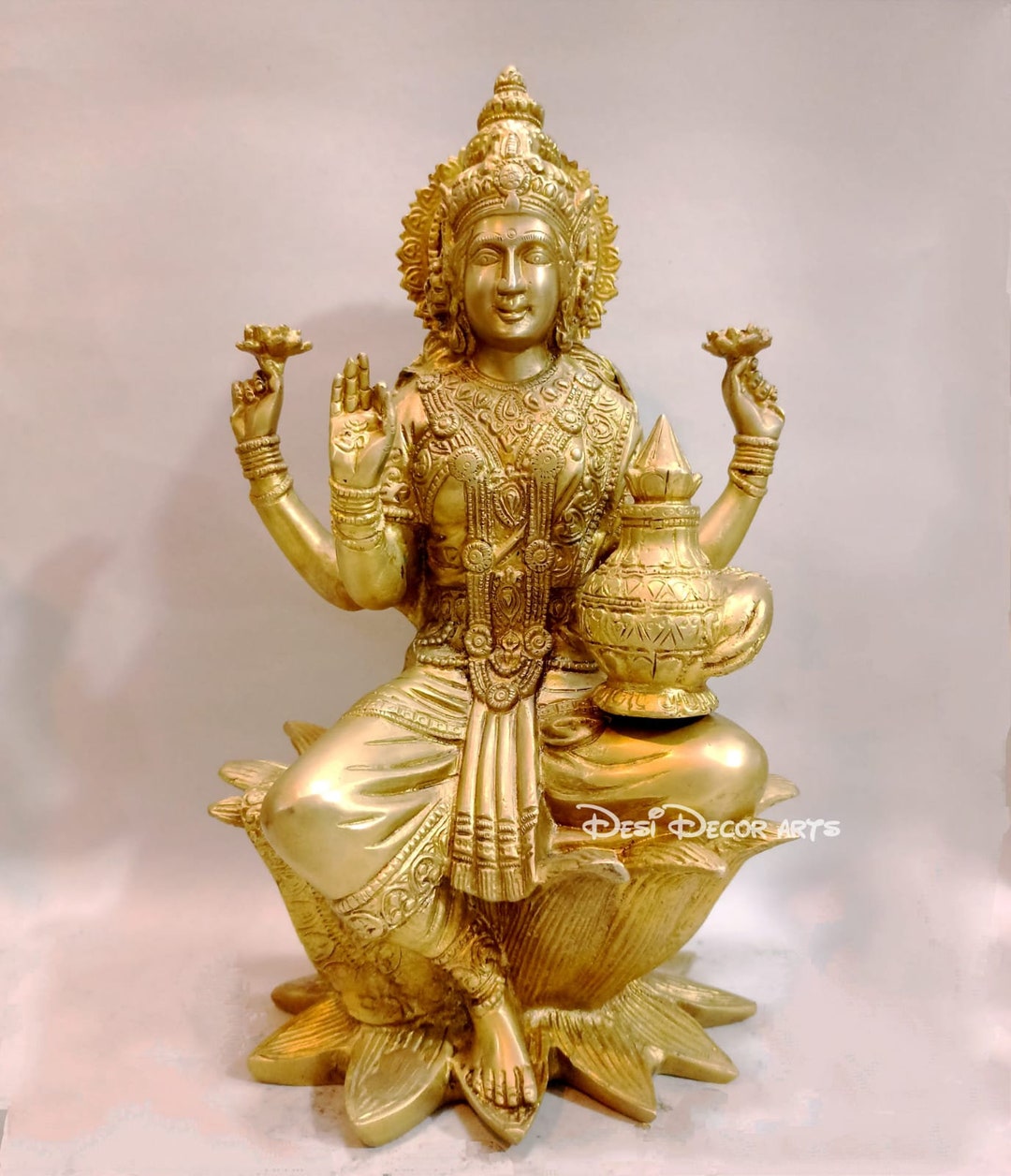 Lakshmi Statue 12 Brass Goddess Lakshmi Idol on Louts, Sitting Lakshmi