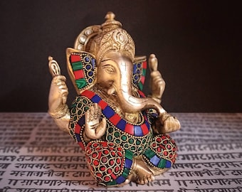 真鍮製ガネーシャ像：ターコイズ象嵌入り21インチのガネーシャ像