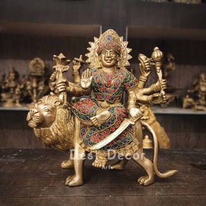 Brass Durga Mata Statue: Sherawali Maa Hindu Goddess Idol with Stonework