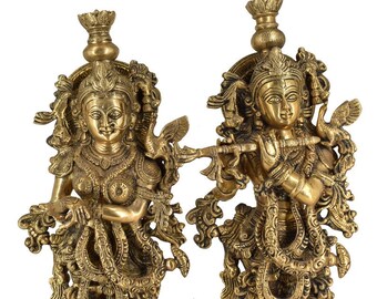 真鍮製 クリシュナとラーダー 彫刻像 ペア 21インチの真鍮製ラーダー・クリシュナ像：ヒンドゥー教の神聖な