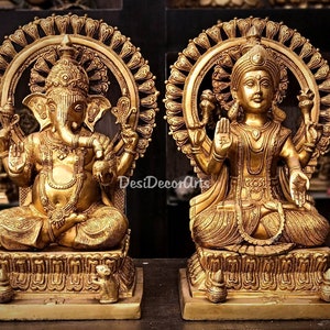 Handmade Brass Laxmi Ganesh Statue Set: Temple Diwali Pooja Decor