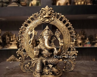 Brass Ganesha Idol on Throne: Hindu Elephant God Statue (23CM)