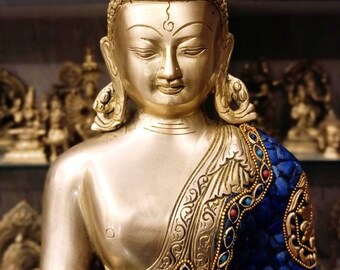 14&quot; Brass Buddha Statue with Stone Handmade Carved Engraved Statue Temple, Decor, Meditating, Antique Indian God, Handmade, Gift, Yoga Room