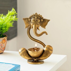 Ganesha Deepak Statue, 9&quot; Brass Ganesh Sculpture, Elephant Headed God, Ganpati with Akhand Diya, oil wick diya, Hindu God, Temple Decor