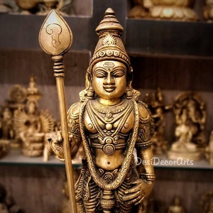 Handmade Brass Lord Murugan Statue: Temple Decor (15 inch)