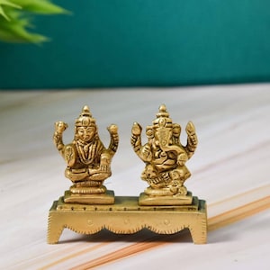 Brass Lakshmi Ganesha Statue Set: Small Hindu Temple Decor