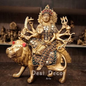 20CM Brass Durga Mata Statue, Big Brass Durga Idol With Stonework, Sherawali Maa Hindu Goddess of protection & Strength, Decor, Gift, Temple
