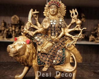Brass Durga Mata Statue with Stonework - Hindu Goddess Decor (20CM)