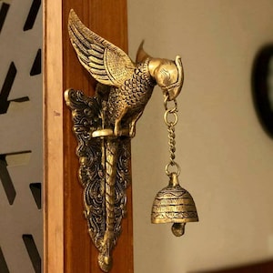 10" Brass Big Parrot Wall Hanging Bell Chain Welcome Home Decoration Mandir Ganti, Temple Pooja, Decor, gifts, Indian Art,Wall Decor.