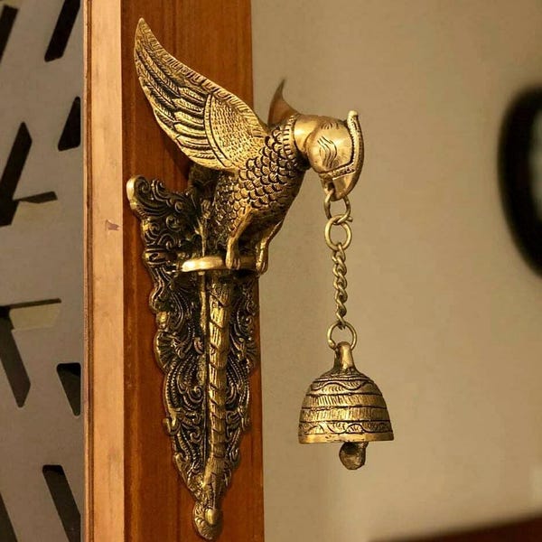 Brass Parrot Wall Hanging Bell: Indian Home Decor, Mandir Ganti