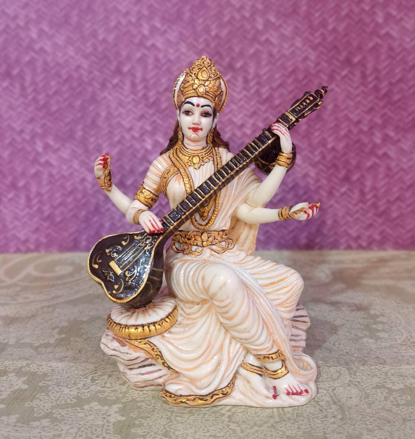 Hand-painted Saraswati Statue: Cultured Marble Hindu Goddess With