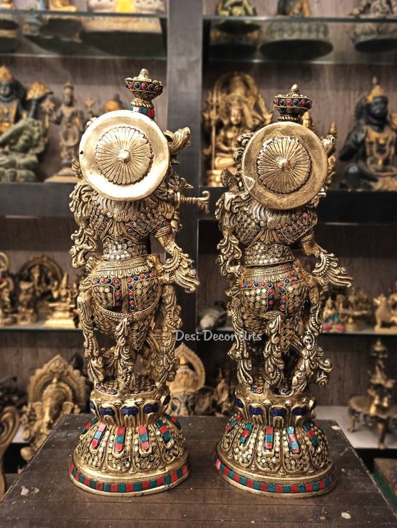 20インチ真鍮製ラーダー・クリシュナ像：ヒンドゥー教の神聖なカップル