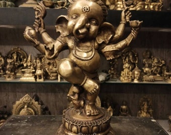 15インチの真鍮製踊るガネーシャ像：手作りのヒンドゥー教の装飾品
