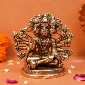 Panchmukhi Hanuman Statue- 4&quot; Brass Lord Panchmukhi Hanuman, Five Face Bajrang Bali, Hindu Monkey god, Rama Devotee For Temple Altar Murti.