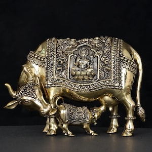 Brass Kamdhenu Cow Calf Statue: Lakshmi Ganesh, Auspicious Decor