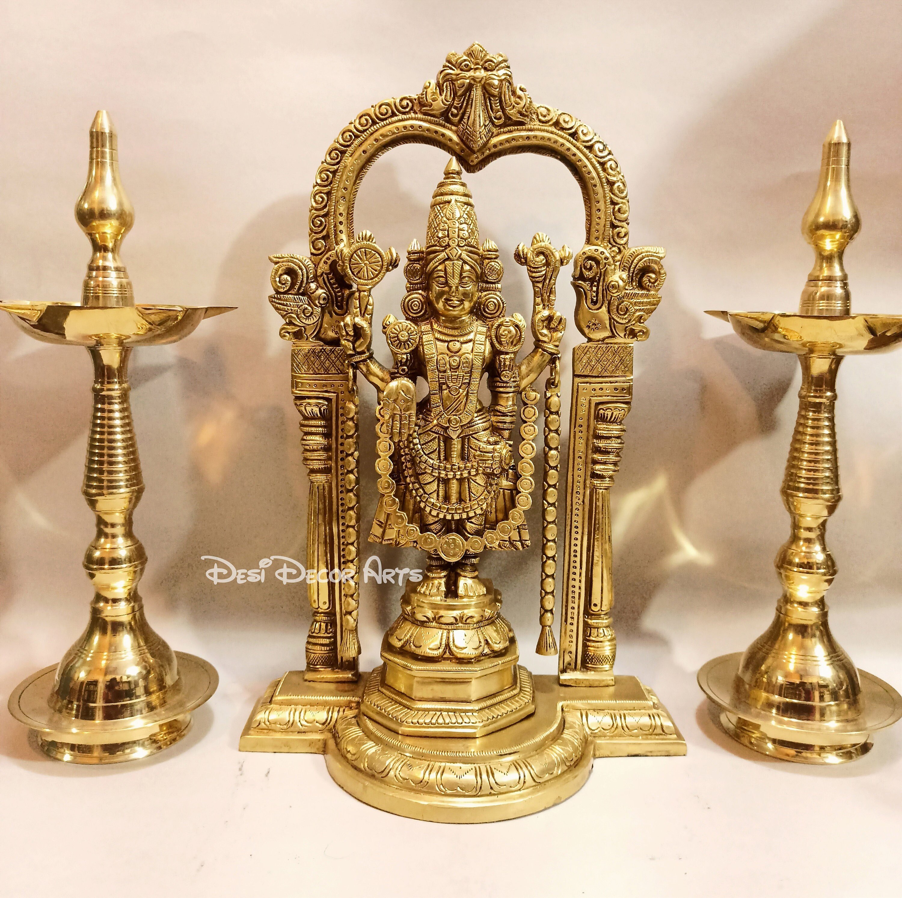 Brass Tirupati Balaji Statue with Panchmukhi Deepak: Srinivasa Idol