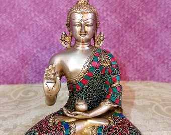 Brass Buddha Statue with Mosaic Stonework, 9 Inch Vitarka Mudra Buddha Idol, Handmade, Temple, Yoga Studio & Meditation Room, Decor, Gift.