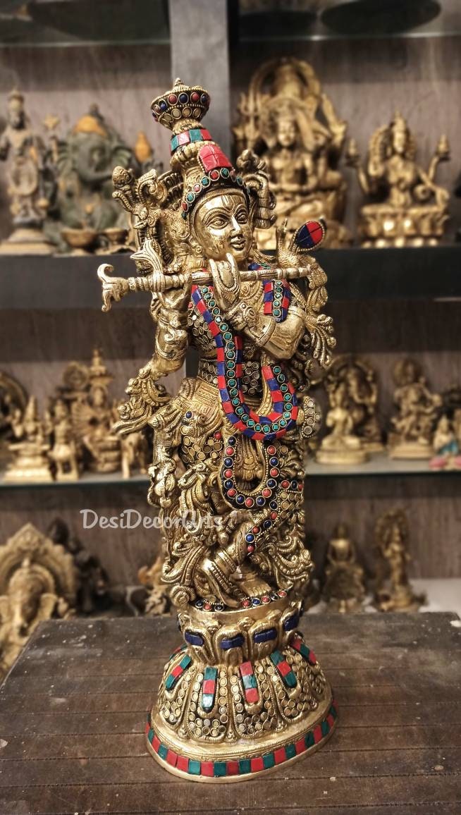 20インチ真鍮製ラーダー・クリシュナ像：ヒンドゥー教の神聖なカップル