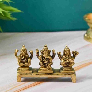 Brass Lakshmi Ganesha Saraswati Statues: Hindu Temple Decor
