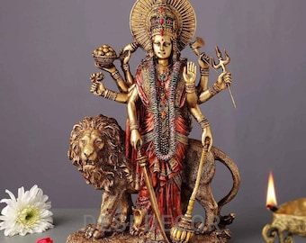12" Durga Maa Idol: Handmade Resin Amba Statue with Lion