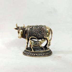 Brass Kamdhenu Cow with Calf Statue: Holy Cow Figurine (6CM)